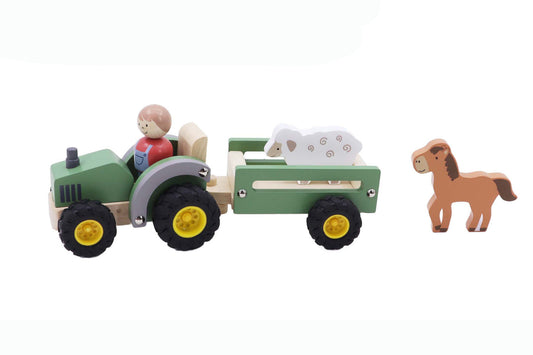 WOODEN TRACTOR WITH FARM ANIMAL GREEN